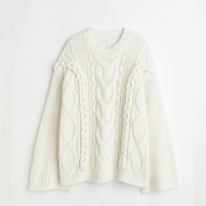 white cable knit sweater - oversized & 3d braids details